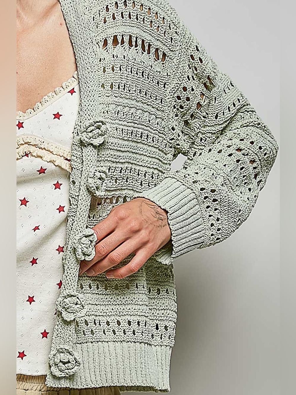 POL Lime Green Open-Knit Cardigan | 3D Floral Button Front Sweater | Boho ποΈ - Picture 7 of 7